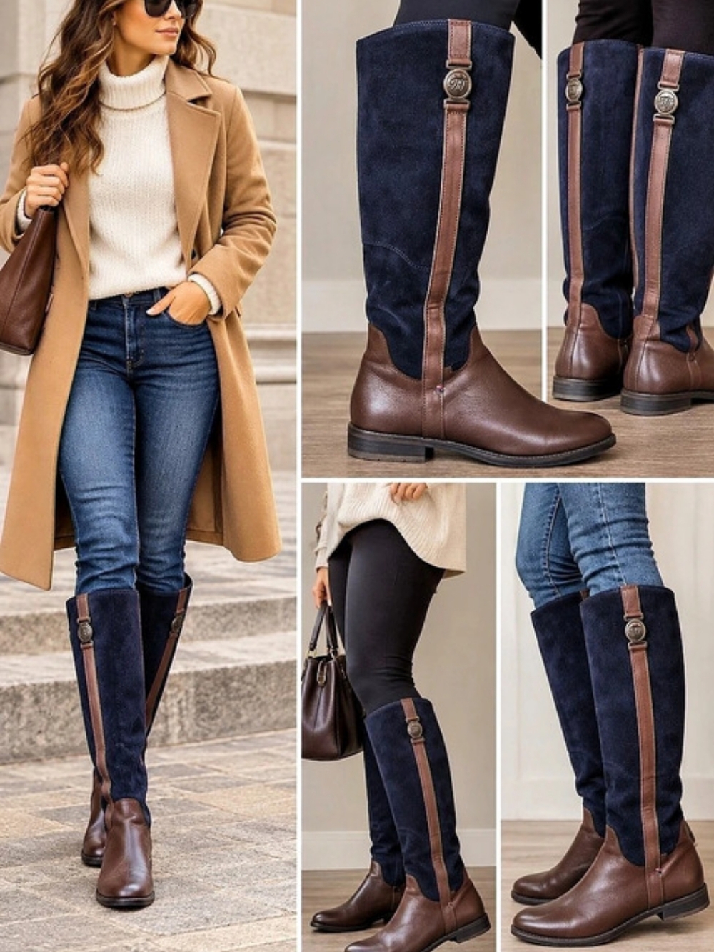 Tommy Hilfiger Women's Ridingl Brown Leather& Suede Blue Boots